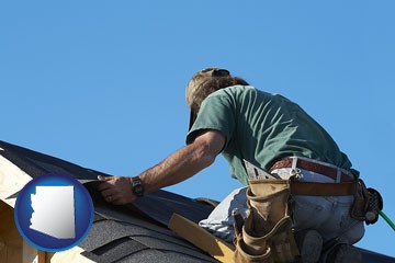 a roofing contractor installing asphalt roof shingles - with Arizona icon