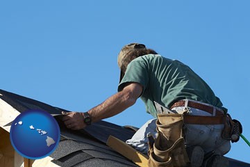 a roofing contractor installing asphalt roof shingles - with Hawaii icon