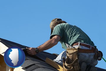 a roofing contractor installing asphalt roof shingles - with Illinois icon