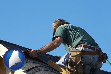 a roofing contractor installing asphalt roof shingles - with Maine icon