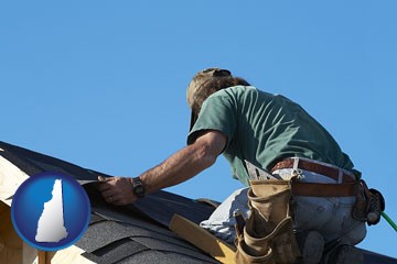 a roofing contractor installing asphalt roof shingles - with New Hampshire icon