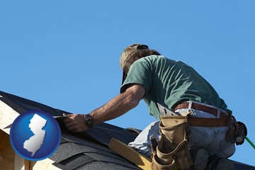 a roofing contractor installing asphalt roof shingles - with New Jersey icon