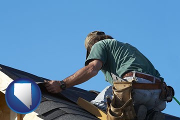a roofing contractor installing asphalt roof shingles - with Nevada icon