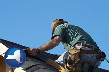 a roofing contractor installing asphalt roof shingles - with New York icon
