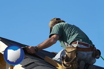 a roofing contractor installing asphalt roof shingles - with Ohio icon