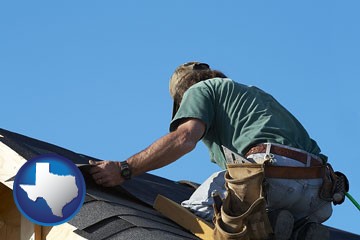 a roofing contractor installing asphalt roof shingles - with Texas icon