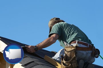 a roofing contractor installing asphalt roof shingles - with Washington icon
