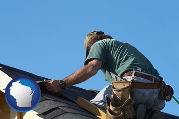 a roofing contractor installing asphalt roof shingles - with Wisconsin icon