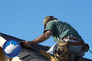 a roofing contractor installing asphalt roof shingles - with West Virginia icon