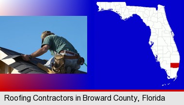 a roofing contractor installing asphalt roof shingles; Broward County highlighted in red on a map