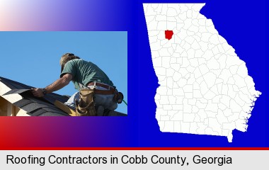 a roofing contractor installing asphalt roof shingles; Cobb County highlighted in red on a map