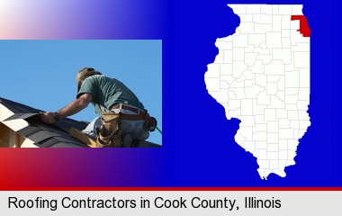 a roofing contractor installing asphalt roof shingles; Cook County highlighted in red on a map