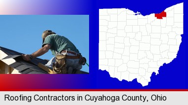 a roofing contractor installing asphalt roof shingles; Cuyahoga County highlighted in red on a map