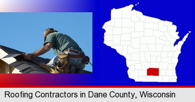 a roofing contractor installing asphalt roof shingles; Dane County highlighted in red on a map