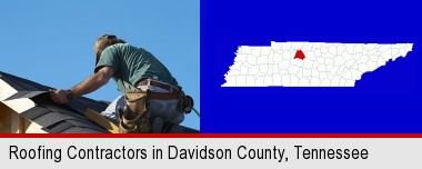 a roofing contractor installing asphalt roof shingles; Davidson County highlighted in red on a map