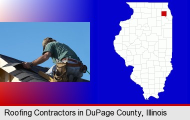 a roofing contractor installing asphalt roof shingles; DuPage County highlighted in red on a map