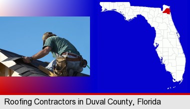 a roofing contractor installing asphalt roof shingles; Duval County highlighted in red on a map