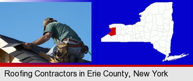 a roofing contractor installing asphalt roof shingles; Erie County highlighted in red on a map