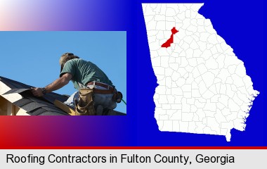 a roofing contractor installing asphalt roof shingles; Fulton County highlighted in red on a map