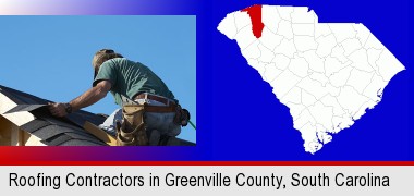 a roofing contractor installing asphalt roof shingles; Greenville County highlighted in red on a map