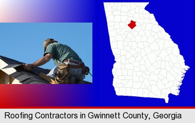 a roofing contractor installing asphalt roof shingles; Gwinnett County highlighted in red on a map