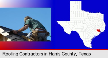 a roofing contractor installing asphalt roof shingles; Harris County highlighted in red on a map