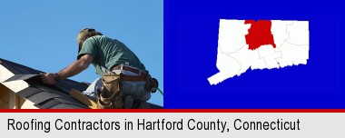 a roofing contractor installing asphalt roof shingles; Hartford County highlighted in red on a map