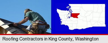 a roofing contractor installing asphalt roof shingles; King County highlighted in red on a map