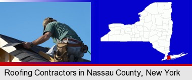 a roofing contractor installing asphalt roof shingles; Nassau County highlighted in red on a map
