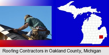 a roofing contractor installing asphalt roof shingles; Oakland County highlighted in red on a map