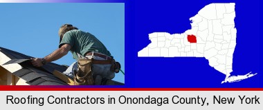 a roofing contractor installing asphalt roof shingles; Onondaga County highlighted in red on a map