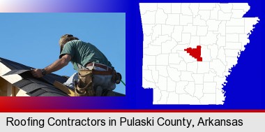 a roofing contractor installing asphalt roof shingles; Pulaski County highlighted in red on a map