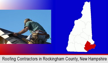 a roofing contractor installing asphalt roof shingles; Rockingham County highlighted in red on a map