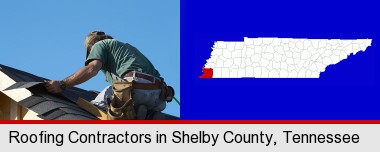 a roofing contractor installing asphalt roof shingles; Shelby County highlighted in red on a map