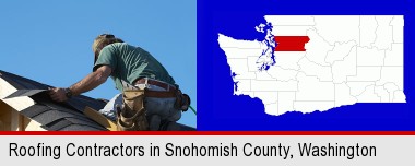 a roofing contractor installing asphalt roof shingles; Snohomish County highlighted in red on a map