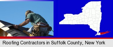 a roofing contractor installing asphalt roof shingles; Suffolk County highlighted in red on a map