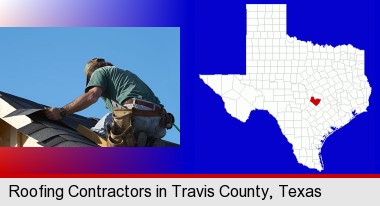 a roofing contractor installing asphalt roof shingles; Travis County highlighted in red on a map