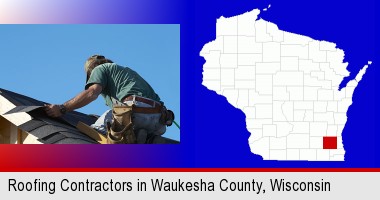 a roofing contractor installing asphalt roof shingles; Waukesha County highlighted in red on a map