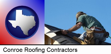 a roofing contractor installing asphalt roof shingles in Conroe, TX