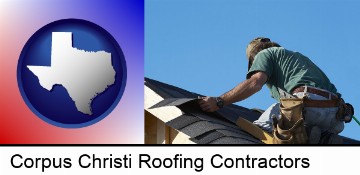 a roofing contractor installing asphalt roof shingles in Corpus Christi, TX