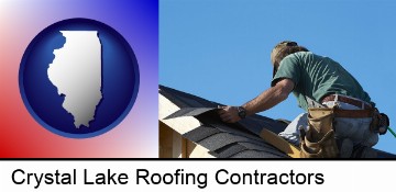 a roofing contractor installing asphalt roof shingles in Crystal Lake, IL