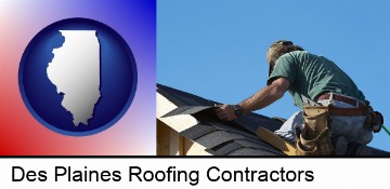 a roofing contractor installing asphalt roof shingles in Des Plaines, IL