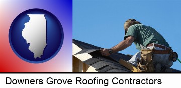 a roofing contractor installing asphalt roof shingles in Downers Grove, IL