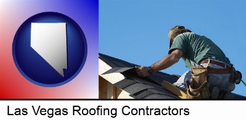 a roofing contractor installing asphalt roof shingles in Las Vegas, NV