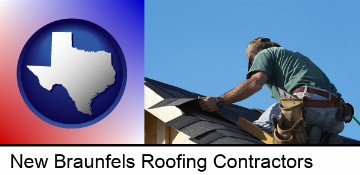 a roofing contractor installing asphalt roof shingles in New Braunfels, TX