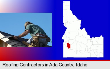 a roofing contractor installing asphalt roof shingles; Ada County highlighted in red on a map
