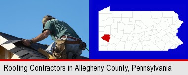 a roofing contractor installing asphalt roof shingles; Allegheny County highlighted in red on a map