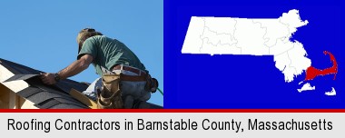 a roofing contractor installing asphalt roof shingles; Barnstable County highlighted in red on a map