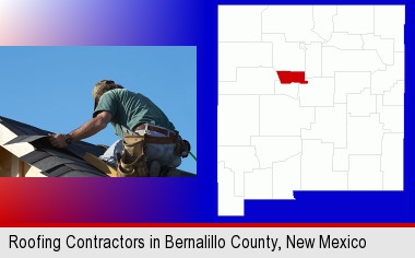 a roofing contractor installing asphalt roof shingles; Bernalillo County highlighted in red on a map