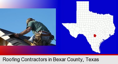 a roofing contractor installing asphalt roof shingles; Bexar County highlighted in red on a map